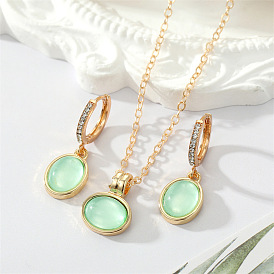 Vintage Green Oval Cat Eye Jewelry Set with Geometric Pendant and Rhinestone Earrings for Women