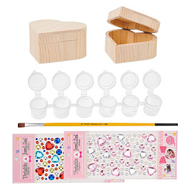 Kits de boîtes à bijoux bricolage, avec boîtes à bijoux en bois en forme de coeur inachevées, pinceaux d'art en bois, autocollant acrylique strass, palette de peinture vide en plastique