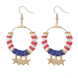 Independence Day Polymer Clay Heishi Beaded Ring with Star Dangle Earrings, Golden Brass Long Drop Earrings for Women