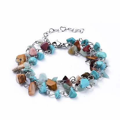 Chip Gemstone Multi-strand Bracelets, with 304 Stainless Steel Findings