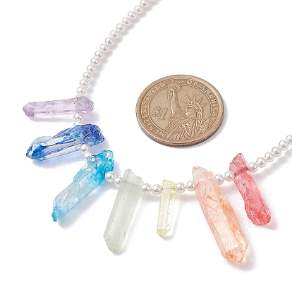 Dyed Natural Crackle Quartz Crystal Bullet Bib Necklaces, with Shell Pearl Beaded