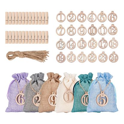 Wood Pendants, Laser Cut Wood Shapes, with Hemp Rope, Flat Round with Number 1~24, Burlap Packing Pouches Drawstring Bag & Wooden Craft Pegs Clips