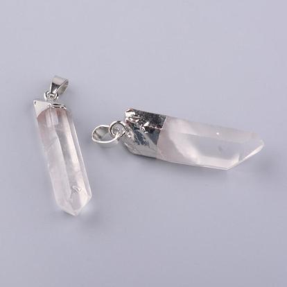 Electroplate Natural Quartz Crystal Pendants, Rock Crystal, with Iron Findings