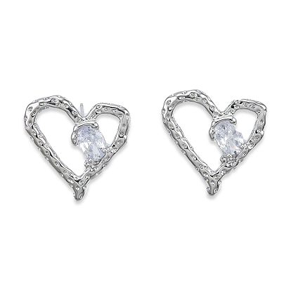 Clear Cubic Zirconia Heart Stud Earrings, Brass Jewelry for Women, Cadmium Free & Nickel Free & Lead Free