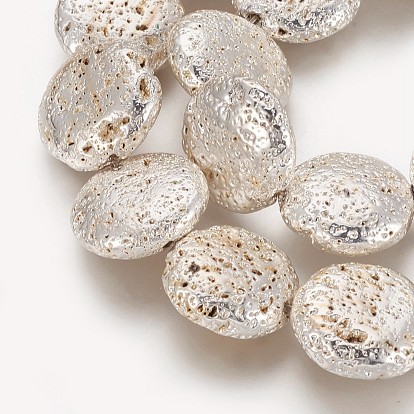 Electroplated Natural Lava Rock Beads Strands, Long-Lasting Plated, Flat Round