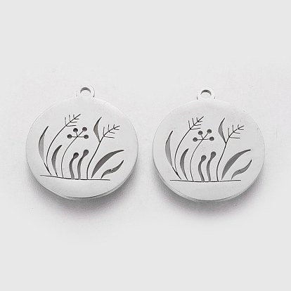201 Stainless Steel Pendants, Flat Round with Plant pattern