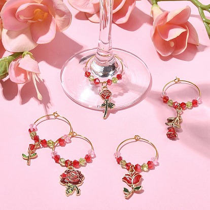 Breloques en verre de vin en alliage de rose, thème de la saint-valentin, en émail, avec des perles de verre et des créoles en laiton