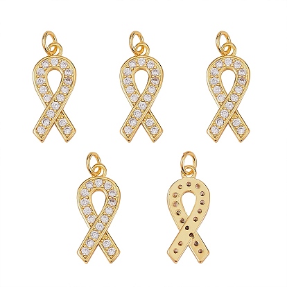 5Pcs Brass Micro Pave Clear Cubic Zirconia Pendants, with Jump Ring, Long-Lasting Plated, Awareness Ribbon Shape