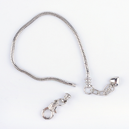Латунные европейские браслеты стиль для ювелирных изделий, с когтя омара застежкой и сердца прелести, 200x3 мм