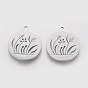 201 Stainless Steel Pendants, Flat Round with Plant pattern