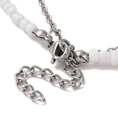 Perles de rocaille de verre et 304 collier double couche de chaîne câble en acier inoxydable, cadeau et arbre et bonhomme de neige pendentifs au chalumeau collier de noël pour les femmes