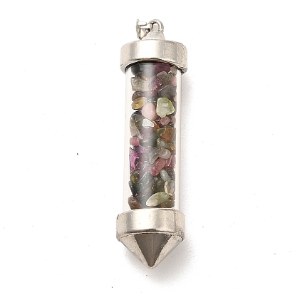 Mixed Gemstone Chip Glass Bottle Big Pendants, with Alloy Findings, Bullet Charm