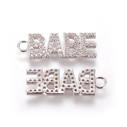 Brass Micro Pave Cubic Zirconia Pendants, Word Babe, Clear