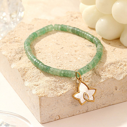 Natural Green Aventurine Stretchy Beaded Bracelets, Stainless Steel Jewelry with Flower Shell Pendants