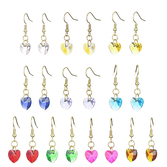 10 Pair 10 Color Glass Heart Dangle Earrings, Golden 304 Stainless Steel Drop Earrings
