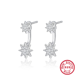 Rhodium Plated 925 Sterling Silver Front Back Stud Earrings, Rhinestone Snowflake Drop Earrings, with 925 Stamp