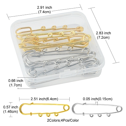 8Pcs 2 Colors Stainless Steel Safety Pins, Kilt Pins with 3 Loop