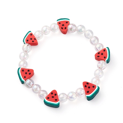 Stretch Kids Bracelets, with Eco-Friendly Transparent Acrylic and Watermelon Polymer Clay Beads