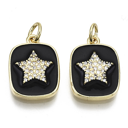 Brass Micro Pave Clear Cubic Zirconia Pendants, with Enamel and Jump Ring, Rectangle with Star, Real 16K Gold Plated, Nickel Free