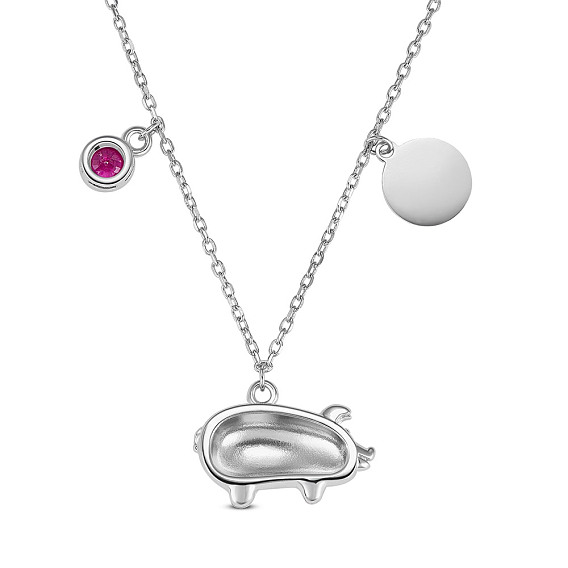SHEGRACE 925 Sterling Silver Pendant Necklaces, with Grade AAA Cubic Zirconia and Cable Chains, Pig and Flat Round