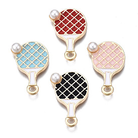 Alloy Pendants, with Enamel and ABS Plastic Imitation Pearl Bead, Cadmium Free & Lead Free, Light Gold, Racket
