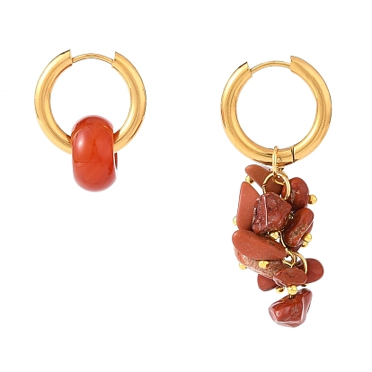 Natural Gemstone Bead Asymmetrical Earrings, Hoop Earring, with Golden 304 Stainless Steel Jump Rings and Brass Ball Head Pins