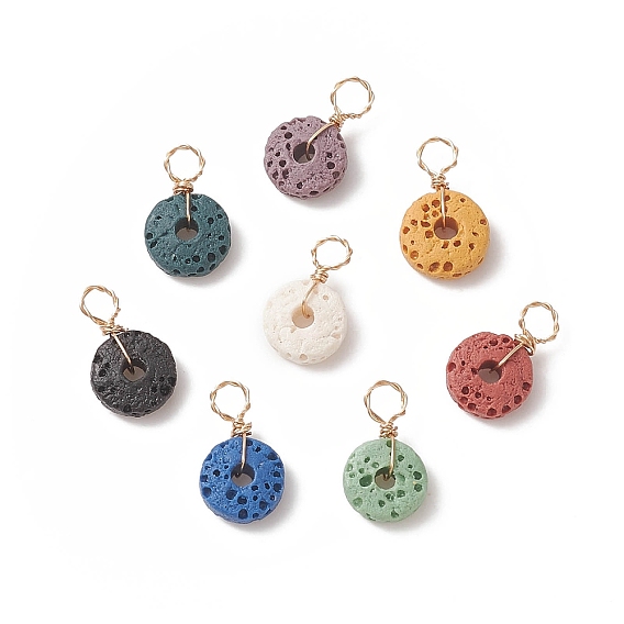 Perles de roche de lave naturelle breloques enveloppées de fil de cuivre, teint, breloque plate ronde/beignet, or, couleur mixte