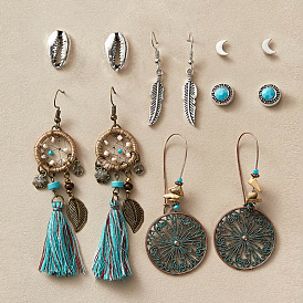 Bohemian Feather Earrings Set - Vintage Ethnic Style Ear Studs, 6 Pairs.