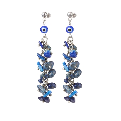 Natural Gemstone Chips & Lampwork Evil Eye Cluster Dangle Stud Earrings, 304 Stainless Steel Long Drop Earrings for Women