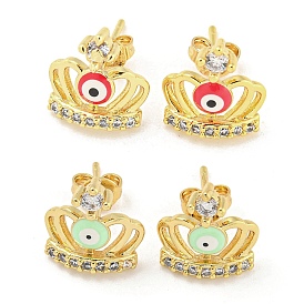 Crown with Evil Eye Real 18K Gold Plated Brass Stud Earrings, with Enamel and Clear Cubic Zirconia