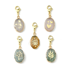 Natural Gemstone Pendant Decorations, with 304 Stainless Steel Lobster Claw Clasps, Oval Charms with Golden Brass Edge
