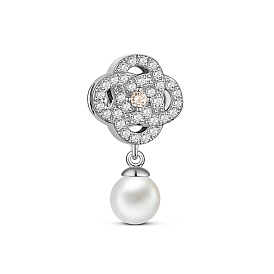 TINYSAND 925 Sterling Silver Charm Flower with Acrylic Pearl & Cubic Zirconia Pendant, 25x13.61x9.31mm, Hole: 4.37mm