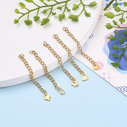 Vacuum Plating 304 Stainless Steel Chains Extender, with Brass Cubic Zirconia Charms and 304 Stainless Steel Charms, Mixed Shapes
