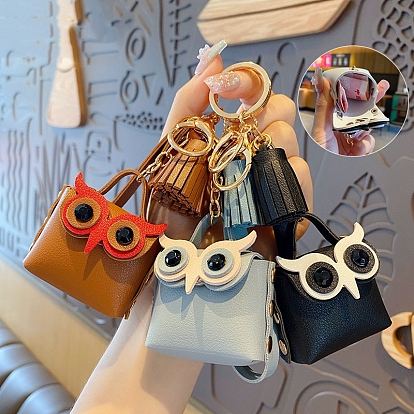 Women's Lady Owl Mini Coin Purse PU Leather Keychain with Tassel, for Key Bag Car Pendant Decoration