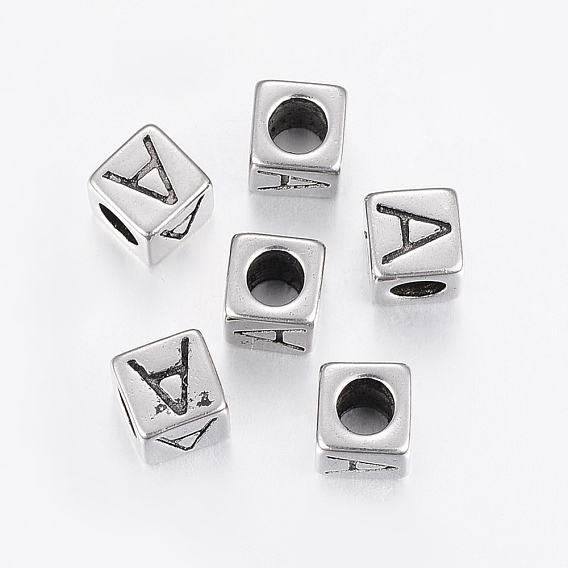304 Perles en acier inoxydable grand trou lettre européenne, cube avec letter.a