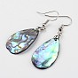 Teardrop Waxed Cord Natural Paua Shell Pendant Necklaces and Earrings Jewelry Sets, with Platinum Tone Brass Lobster Claw Clasps, 14.3 inch , 2mm, 50mm, Pin: 0.8mm