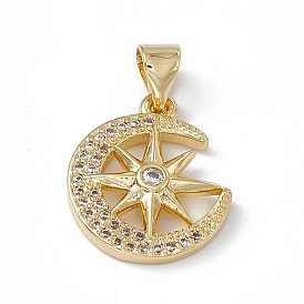 Rack Plating Brass Micro Pave Cubic Zirconia Pendants, Cadmium Free & Lead Free, Long-Lasting Plated, Moon with Star Charm