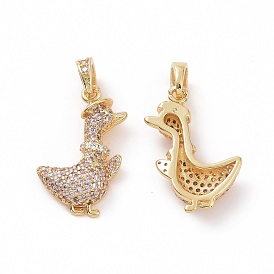 Brass Micro Pave Clear Cubic Zirconia Pendants, Duck