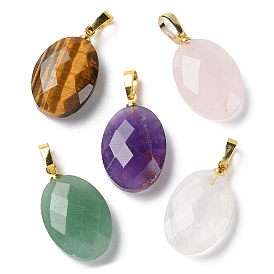 Natural Gemstone Pendants, Faceted Oval Charms with Brass Snap on Bails