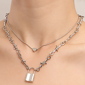 Double-layer Snake Bone Chain Punk Heart Lock Pendant Necklace with Unique Design