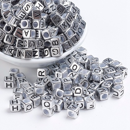 Antique Silver Plated Large Hole Acrylic Letter European Beads, Horizontal Hole, Cube with Letter, 6x6x6mm, Hole: 4mm, about 2950pcs/500g