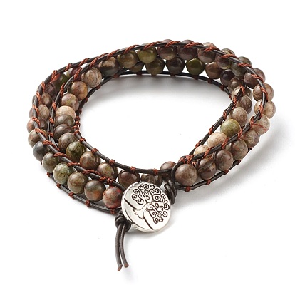 Perles rondes en pierres naturelles mélangées 2 bracelet enroulé brut, Bracelet enveloppant en cuir à breloque arbre de vie pour fille femme