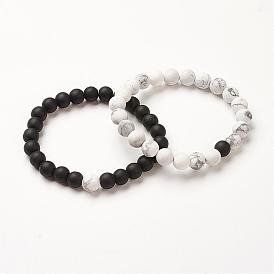 Bracelets extensibles pour couples, avec des perles de verre noires et des perles howlite, givré, ronde