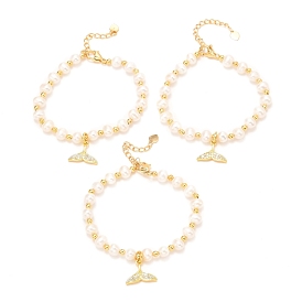 Brass Micro Pave Cubic Zirconia Whale Tail Shape Charms Bracelets, Real 18K Gold Plated, with Natural Pearl, Long-Lasting Plated
