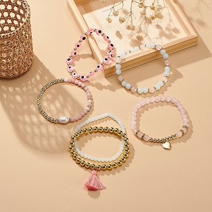 6 шт. 6 стильные браслеты из натуральных и синтетических смешанных драгоценных камней, жемчуга и смолы, браслеты из сглаза, составные браслеты с кисточками для женщин