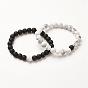 Couples Stretch Bracelets, with Black Glass Beads and Howlite Beads, Frosted, Round