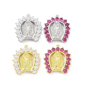 Eco-friendly Rack Plating Brass Micro Pave Cubic Zirconia Pendants, Cadmium Free & Lead Free, Long-Lasting Plated, Horseshoe with Religion Virgin Mary Charm