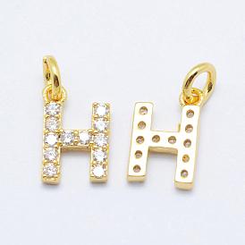 Brass Micro Pave Grade AAA Cubic Zirconia Charms, Letter H, Cadmium Free & Nickel Free & Lead Free