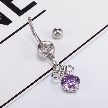 Bijoux piercing, anneau de nombril en laiton zircone cubique, anneau de nombril anneaux de ventre, avec 304 barre en acier inoxydable, sans plomb et sans cadmium, plat rond