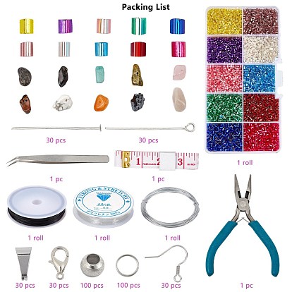 Kits de bijoux diy, avec des perles de pierres fines, perles de verre fgb, anneaux de saut en fer et crochets de boucle d'oreille, fil de cristal élastique et 304 pinces en acier inoxydable